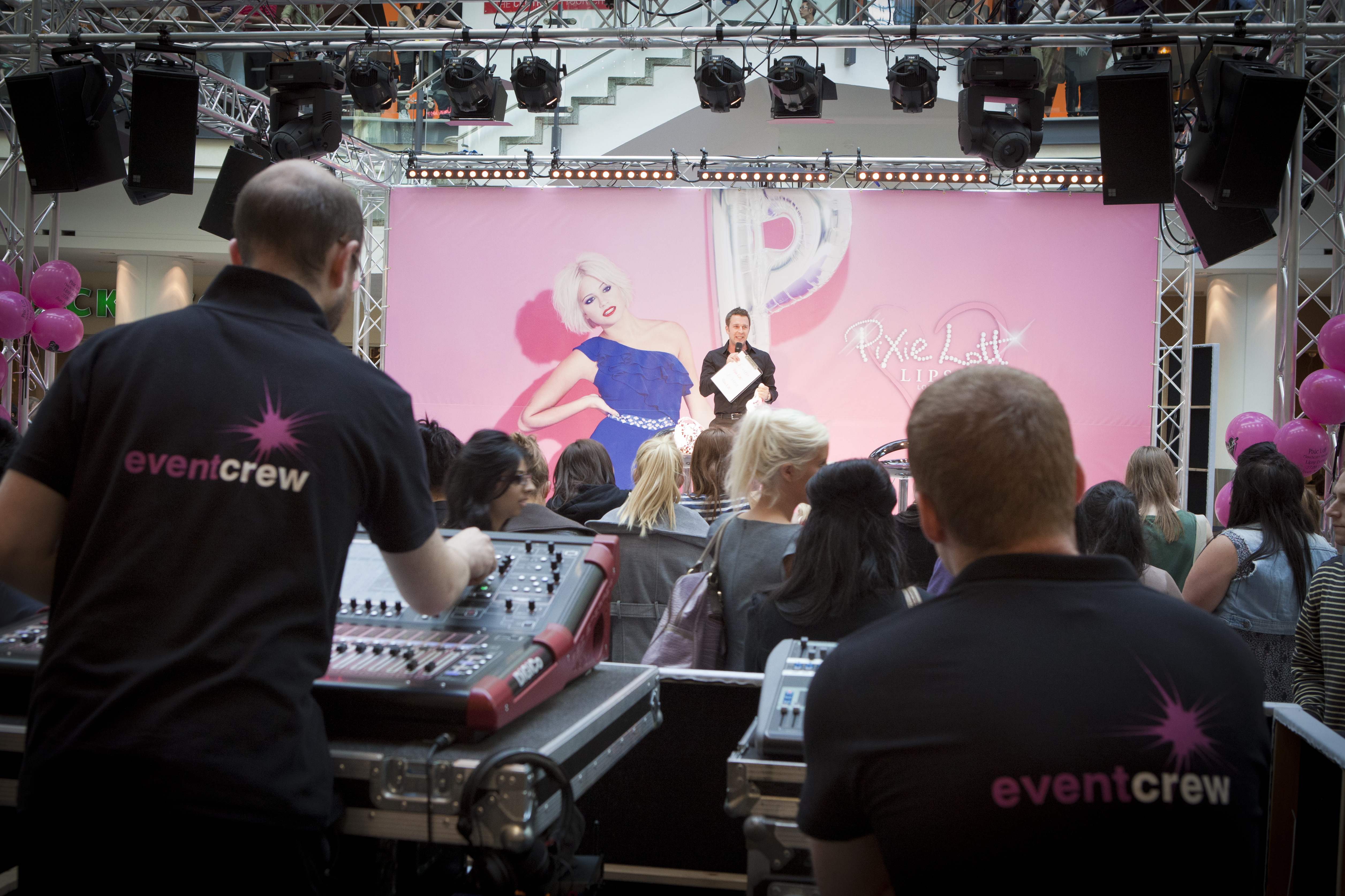 Pictured above is the set up for the launch of Pixie Lott's clothing collection at Lipsy. It includes the sound mixing desk, crew, staging, lighting and truss.