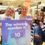 The picture depicts 3 smiling ladies in a retail store. One lady, the she store manager, holds the prize number, the other lady holds the winning ticket with the matching store number, and her daughter holds their prize, a gift card from the retailer.