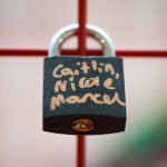 Close up of padlock attached to giant Valentine heart installation at Love Lock-In retail event, Cardiff