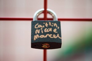 Close up of padlock attached to giant Valentine heart installation at Love Lock-In retail event, Cardiff