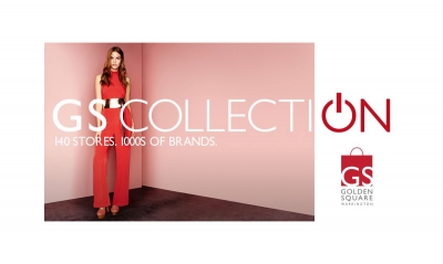 GS Collection event campaign logo shows fashion model wearing red jump suit.