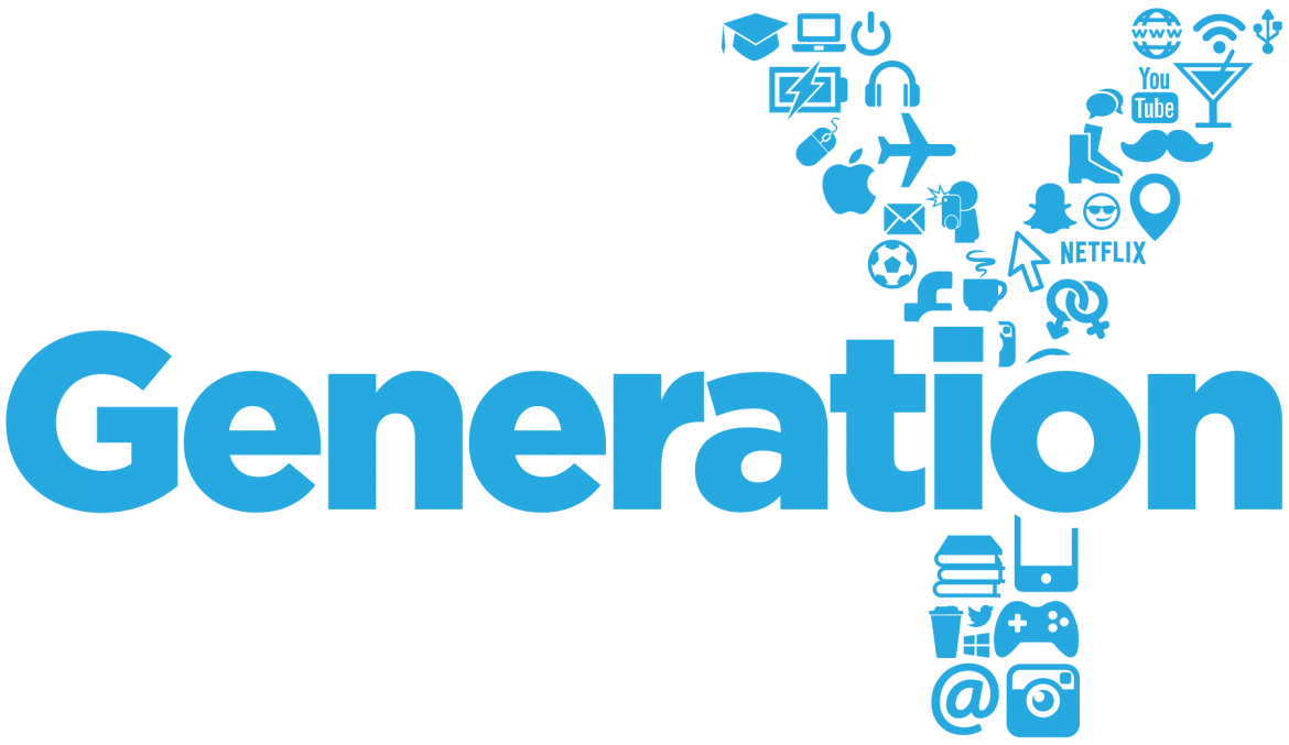 Graphic image representing 'Generation Y' The Y is made up of social media and other popular icons and sits behind the word, Generation.