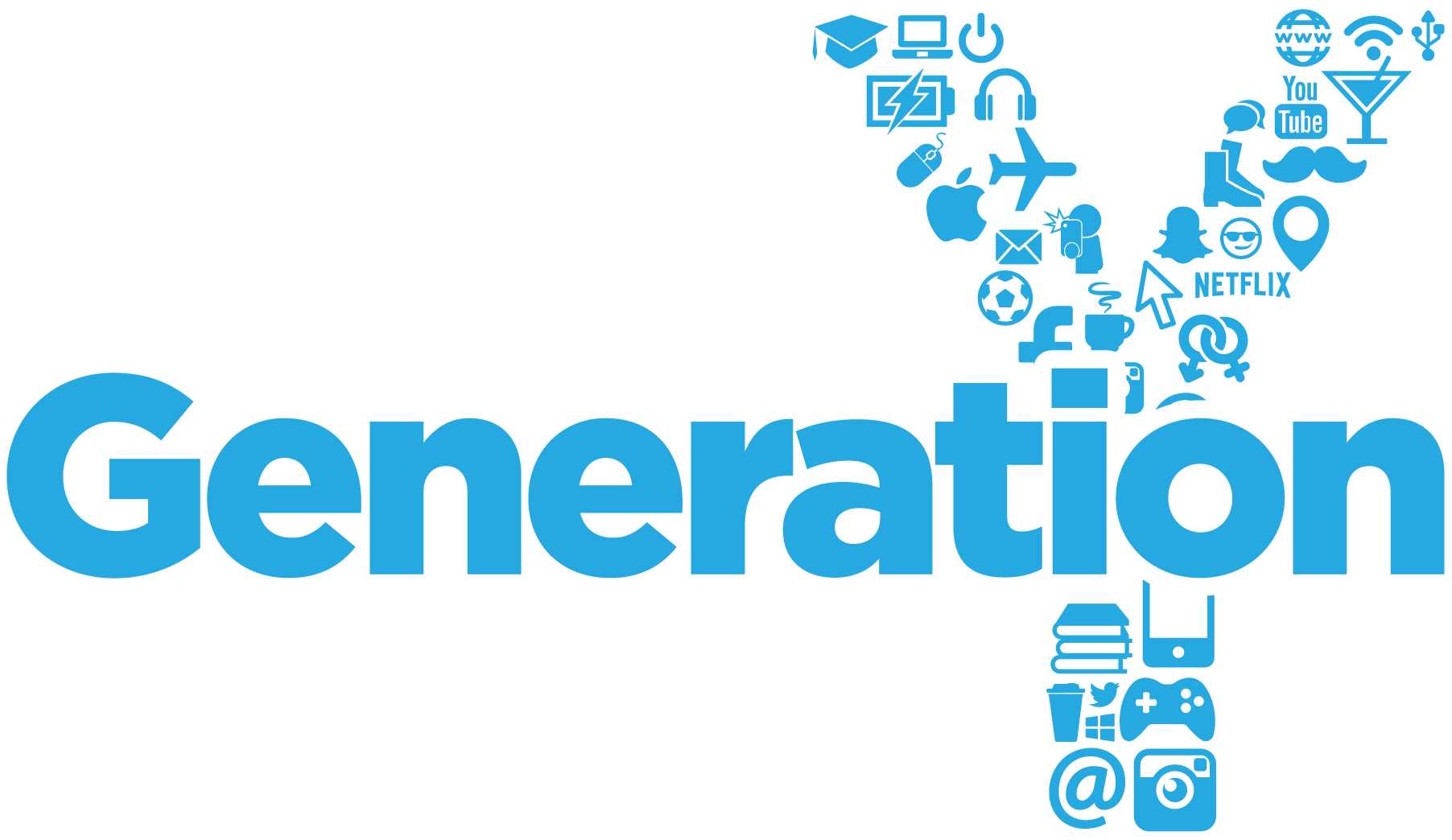 Graphic image representing 'Generation Y' The Y is made up of social media and other popular icons and sits behind the word, Generation.