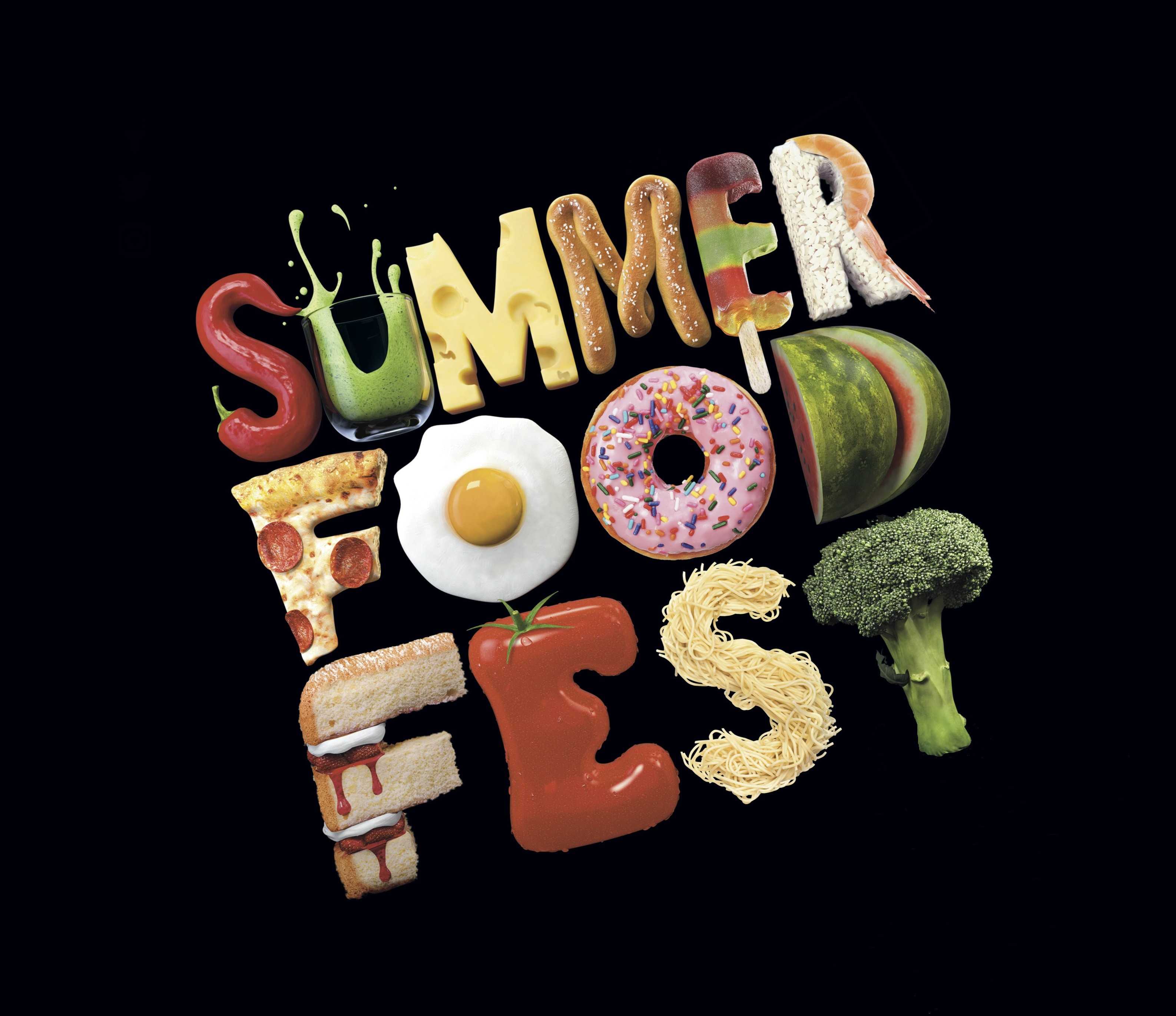 The words, 'Summer Food Fest' are displayed using food to graphically represent the individual letters