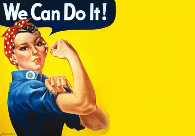 Vintage war time poster depicting a woman wearing overalls, with sleeves rolled up, flexing her bicep in a show of strength. A speech bubble above her says; "We Can Do It!"