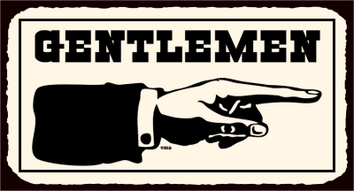 Vintage 'Gentlemen' sign with illustration of hand (and arm with suit sleeve and shirt cuff visisble) pointing right.